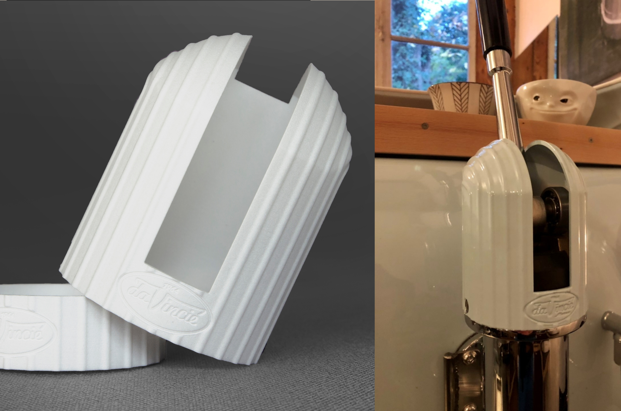 Links eine Kunststoff-Abdeckung. Rechts die Kunststoff-Abdeckung verbaut in einer Kaffemaschine.